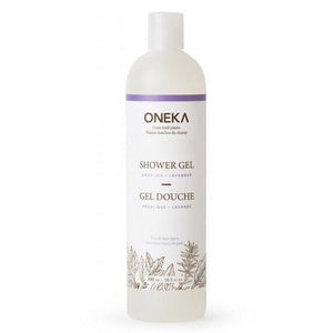 Oneka Angelica & Lavender Body Wash shower gel bottle with calming floral scent and organic herbal extracts.