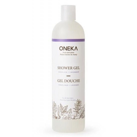 Oneka Angelica & Lavender Body Wash shower gel bottle with calming floral scent and organic herbal extracts.