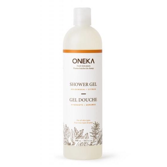 Oneka Goldenseal & Citrus Body Wash bottle with natural botanical design and orange accent for refreshing and revitalizing skin cleansing