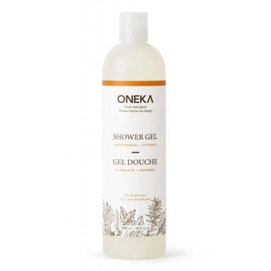 Oneka Goldenseal & Citrus Body Wash bottle with natural botanical design and orange accent for refreshing and revitalizing skin cleansing