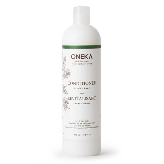Oneka Cedar & Sage Natural Conditioner bottle with herbal botanical design, moisturizing and scalp-soothing hair care product.