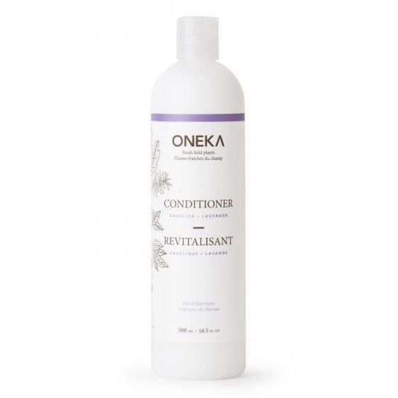 Oneka Angelica & Lavender Natural Conditioner bottle with botanical illustrations and lavender accents for moisturizing and soothing hair care.