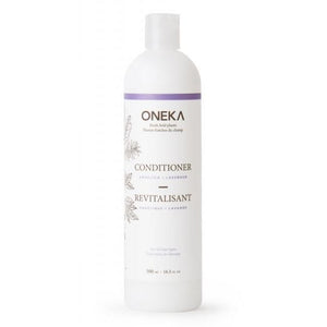 Oneka Angelica & Lavender Natural Conditioner bottle with botanical illustrations and lavender accents for moisturizing and soothing hair care.
