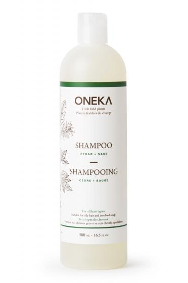 Oneka Cedar & Sage Natural Shampoo bottle for scalp purification and hair strengthening with organic botanical extracts