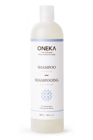 Oneka unscented natural shampoo bottle with simple white label, fragrance-free cleansing for sensitive scalps