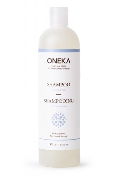 Oneka unscented natural shampoo bottle with simple white label, fragrance-free cleansing for sensitive scalps