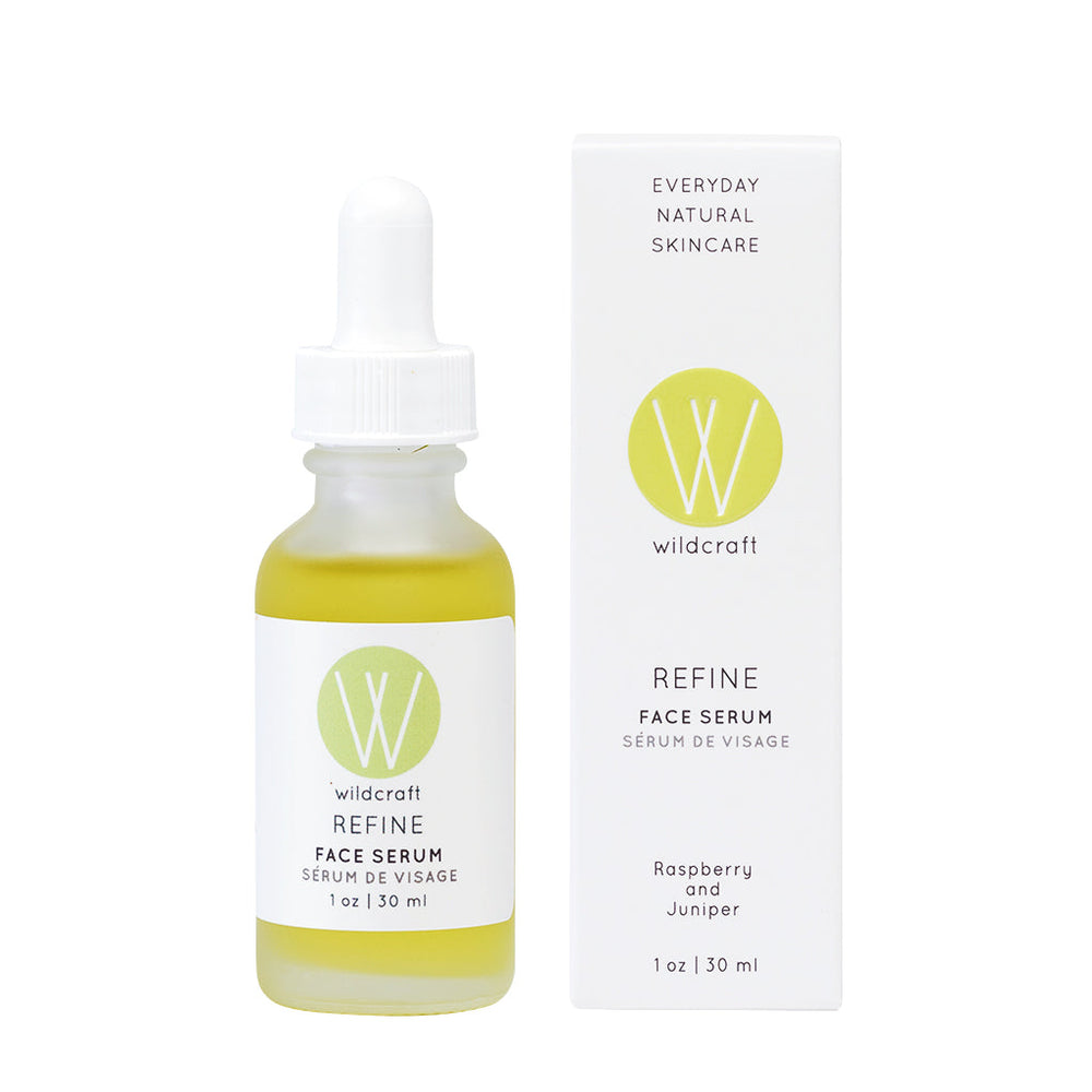 Wildcraft Refine Serum lightweight facial oil with raspberry and juniper for clear, balanced skin, 1 oz bottle and box