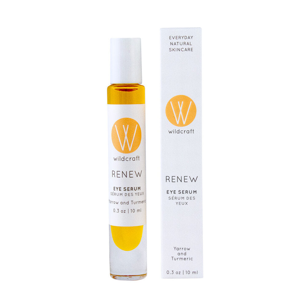 Wildcraft Renew Eye Serum with Yarrow and Turmeric in a 10ml clear roll-on bottle and white box packaging for natural skincare