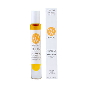 Wildcraft Renew Eye Serum with Yarrow and Turmeric in a 10ml clear roll-on bottle and white box packaging for natural skincare