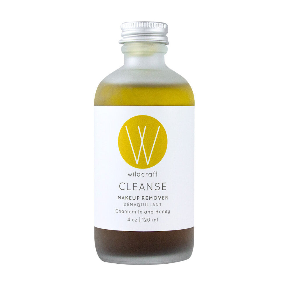 Wildcraft Cleanse botanical makeup remover with chamomile and honey in a 4 oz glass bottle