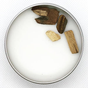 Solid Perfume Salve – Sandalwood & Palo Santo with Tiger Eye Crystals