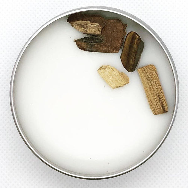 Solid Perfume Salve – Sandalwood & Palo Santo with Tiger Eye Crystals