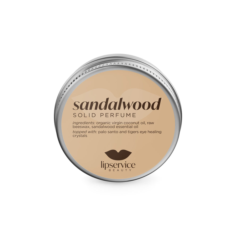 Solid Perfume Salve – Sandalwood & Palo Santo with Tiger Eye Crystals