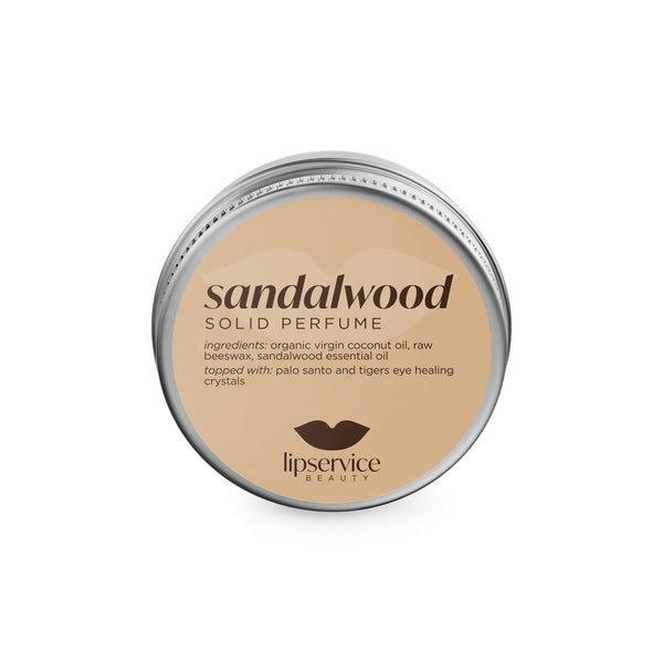 Solid Perfume Salve – Sandalwood & Palo Santo with Tiger Eye Crystals