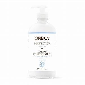 Unscented body lotion by Oneka in a white pump bottle, fragrance-free and hydrating for sensitive skin.