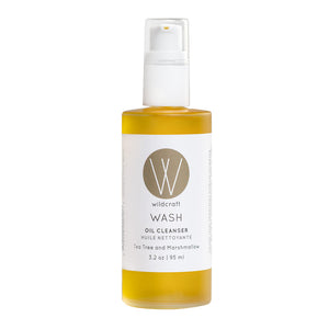 Wildcraft Oil Cleanser bottle with tea tree and marshmallow, gentle nourishing facial cleanser for all skin types, 3.2 oz