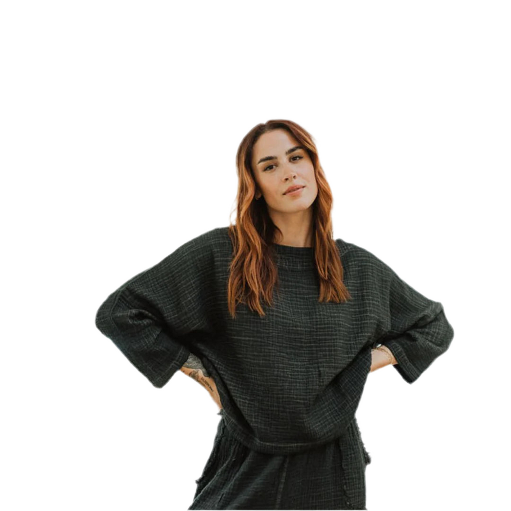 Pokoloko Crinkle Long Sleeve Boat Top - Black
