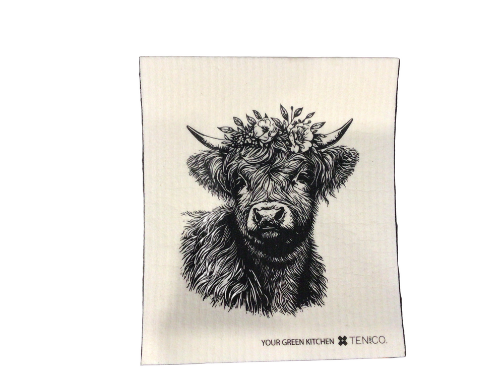 Highland Cow with flowers Sponge Cloth
