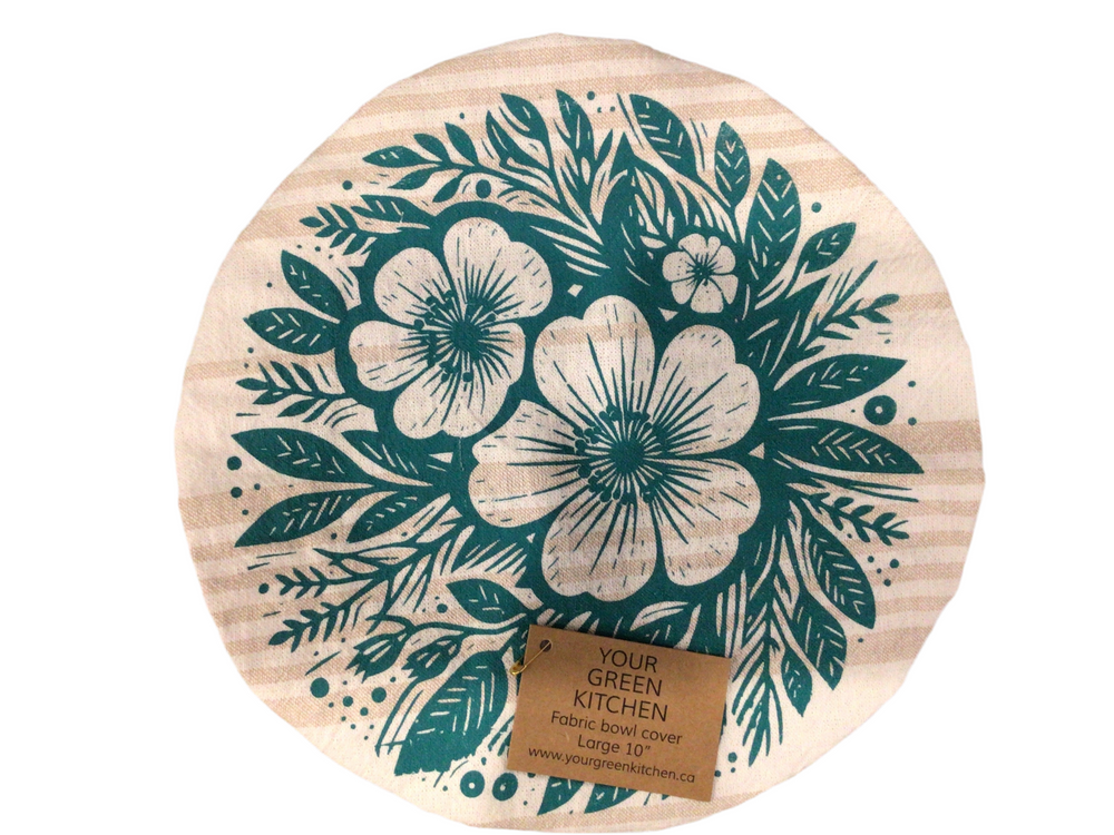 Teal Floral Bowl Cover - Large 10” unwaxed