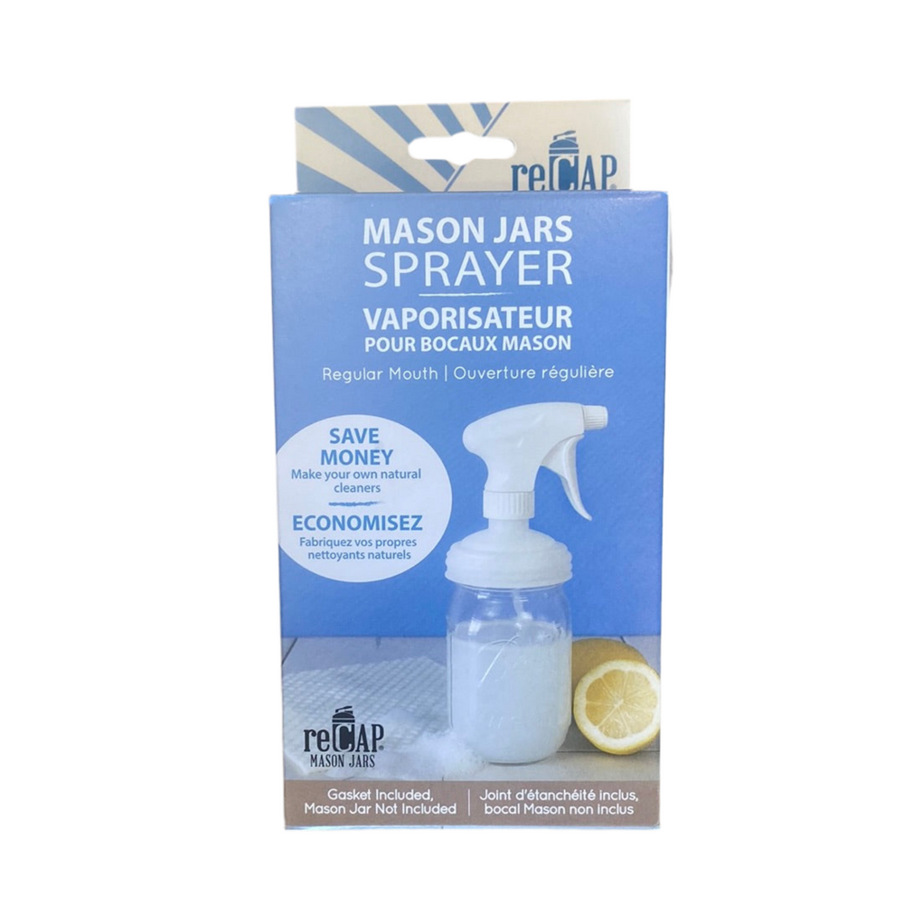 reCAP® Mason Jar Sprayer Lid for regular-mouth jars, eco-friendly reusable spray top for plants and cleaners, blue packaging.