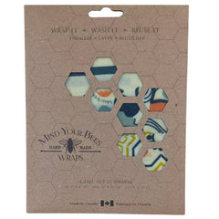 Beeswax Wraps Set small reusable eco-friendly food wraps in hexagonal window packaging by Mind Your Bees