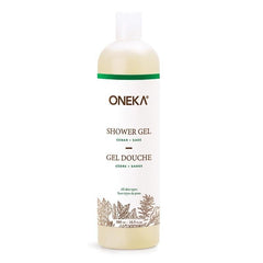 Cedar & Sage Body Wash bottle with natural plant-based ingredients on a wooden surface
