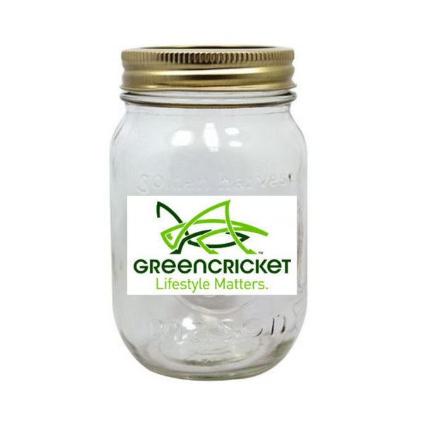 Empty glass jar with metal lid and Green Cricket logo for REFILL Laundry Soap eco-friendly lavender concentrate packaging