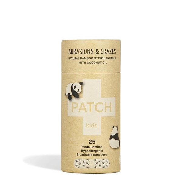 Eco-friendly PATCH Bandaids for kids with organic bamboo fiber and coconut oil, featuring hypoallergenic panda print breathable bandages.