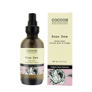 Cocoon Apothecary Rose Dew Facial Toner bottle and box with organic rose hydrosol labeling