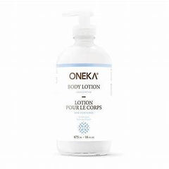 Unscented body lotion by Oneka in a white pump bottle, fragrance-free and hydrating for sensitive skin.